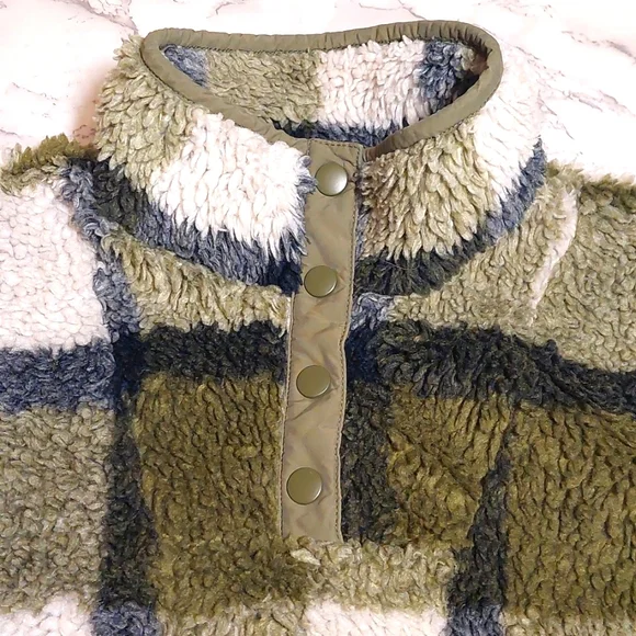 Madewell Olive Plaid Sherpa Popover Tunic Fleece Jacket, Size S - Picture 9 of 10